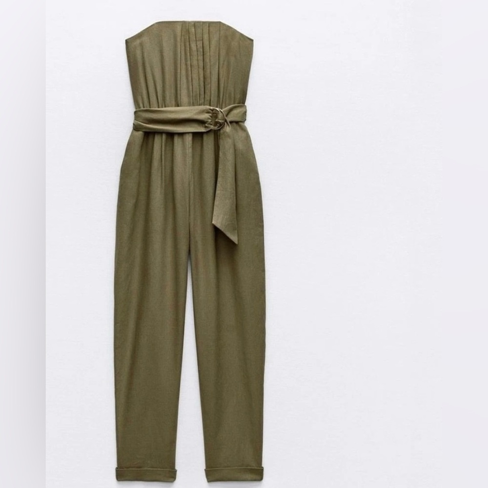 ZARA Strapless Olive Green Belted Jumpsuit